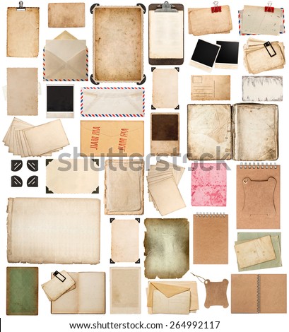 aged paper sheets, books, pages and old postcards isolated on white background. vintage photo frames. antique clipboard and photo corner
