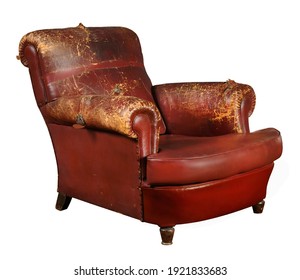 Aged Red Armchair With Shabby Leather Armrests And Back Isolated On White Background