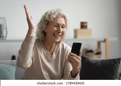 Aged Woman Sit On Couch Use Video Call App On Smartphone Greets Grown Up Children Enjoy Distant Talk Feels Happy. Grandma Hold Mobile Phone Celebrates Successful Online Lottery Results By Sms Concept