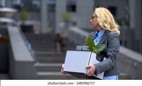 Aged Woman With Stuff Box Leaving Office Building, Pension Age, Work Opportunity