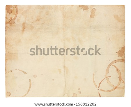 Aged and worn paper with creases, coffee ring stains and smudges. Includes clipping path.