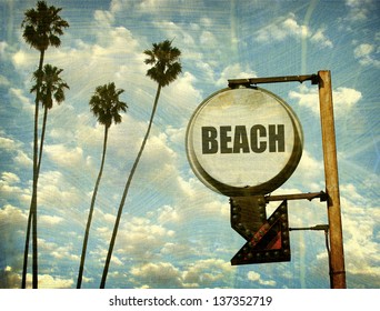  Aged And Worn Vintage Beach Sign With Palm Trees