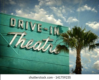 Aged And Worn Vintage Photo Of Drive In Theater