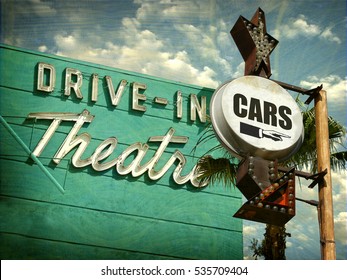 aged and worn vintage photo of drive theater and cars sign with pointing hand