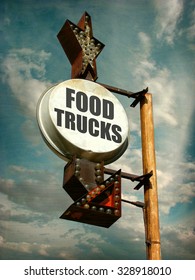 Aged And Worn Vintage Photo Of Food Trucks Sign                     