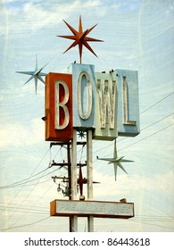   Aged And Worn Vintage Photo Of Old Demolished Bowling Alley Sign