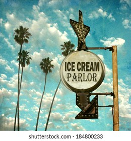 Aged And Worn Vintage Photo Of Retro Ice Cream Parlor Sign