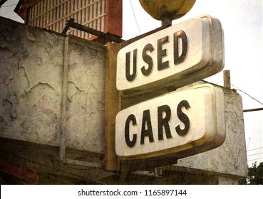 Aged And Worn Vintage Photo Of Used Cars Sign                             