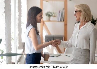 Aged And Young Women Colleagues Different Generations Friendly Workmates Standing In Office Room Shake Hands Greeting At Each Other Express Respect, Gratitude For Common Project Accomplishment Concept