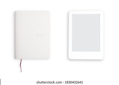 Agenda 2021 With White Ebook Mockup. White Background. Space To Write