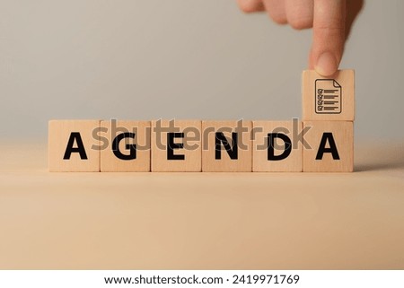 Agenda meeting appointment activity information concept. List of meeting activities in order to be taken up, beginning with the call to order, ending with adjournment. Effective team meeting agenda.