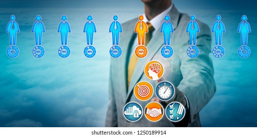 Agent Using An Artificial Intelligence App To Find A Successful Candidate In A Virtual Talent Pool. Business Concept For The Use Of AI In Interviewing And Talent Assessment To Speed Up Recruitment.