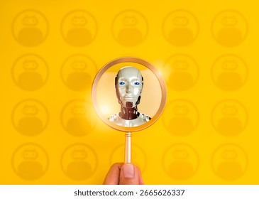 Agentic AI, AI Agent, machine learning, digital transformation and future technology development concept. 3d Robotic humanoid robot in magnifying glass lens with chatbot icons on yellow background.