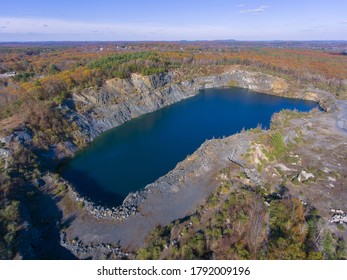 Aggregate Lake aerial view with fall foliage in Ashland State Park in town of Ashland, Massachusetts MA, USA. 