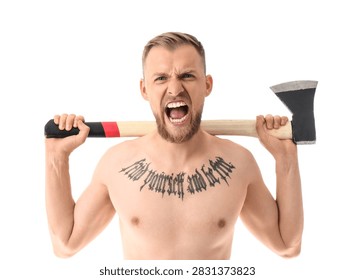 Aggression and anger concept, man with an axe screaming with rage, emotional outburst and frustration