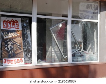 Aggression In Ukraine.31.08.2022. Kramatorsk, Donetsk Region. A Broken Shop Window After A Rocket Attack.