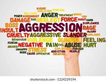 Aggression word cloud and hand with marker concept on white background.