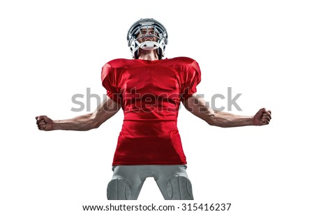 Aggressive American football player in red jersey screaming against white background