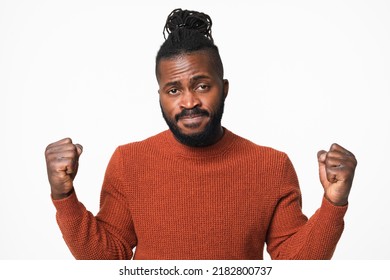 Aggressive Angry Furious African-american Young Man Feeling Negative Emotions Going To Fight Defending Isolated In White Background