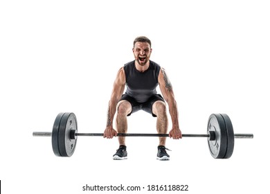 Aggressive bearded strong muscular Man in sportswear Doing A Deadlift Exercise. Full length studio shot isolated on white.