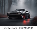 An aggressive black dodge challenger in the middle of a misty forest
