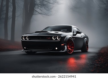 An aggressive black dodge challenger in the middle of a misty forest