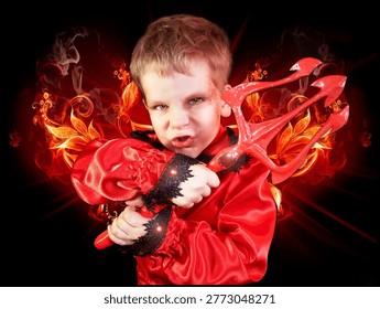 Aggressive little boy in a red devil costume posing with a trident against a background of hellfire and smoke. Child expressing anger and power while playing a demon character for Halloween. Dramatic studio portrait with special effects and glowing fiery elements.