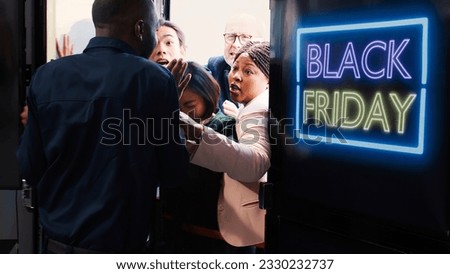 Aggressive people arguing with security at clothing shop front door, waiting in line for black friday promotions. Bargan hunters rushing to enter retail store in search of deals and special offers.