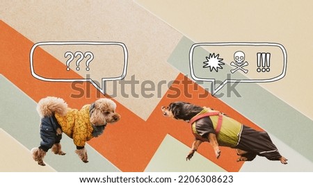 Aggressive, reactive dog on the leash confronting other dog against isolated background with speech bubble. Funny dachshund with negative emotions, problems with pet behaviour, digital collage