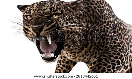 Aggressive snarling leopard with sharp teeth and spotted fur coat