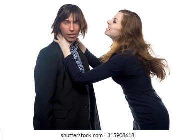 Aggressive woman and man on white background