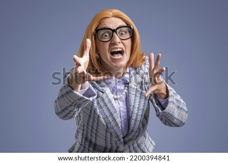 Aggressive woman shouting at camera and gesturing, angry boss concept 