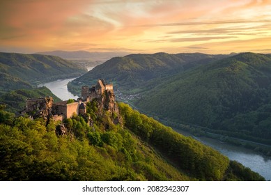 Aggstein castle ruins above the Danube in Wachau, Austria