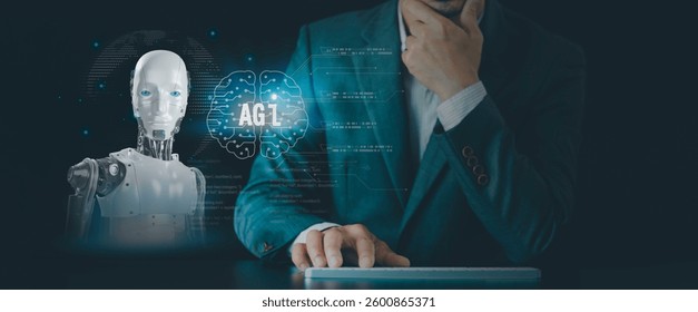  AGI, Artificial General Intelligence concept. the system that can handle increasingly complex problems at the same level as humans, Ai can learn and solve any human's intellectual tasks 