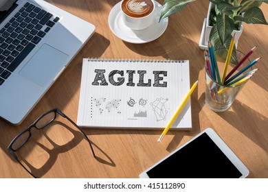 Agile Agility Nimble Quick Fast Concept Open Book On Table And Coffee Business