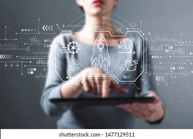 Agile concept with business woman using a tablet computer - Shutterstock ID 1477129511