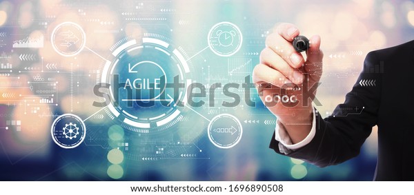 Agile concept with businessman on blurred\
abstract background