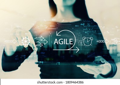 Agile concept with businesswoman on a city background - Shutterstock ID 1809464386