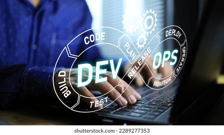 Agile developer or engineer is working on laptop with dev ops cycle virtual screen. IT operations, high software quality and software development. Agile programming development concept.
