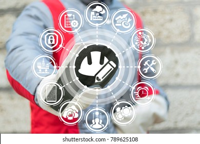 Agile Development Industry Concept. Industrial Engineer Using Virtual Touchscreen Presses Hard Hat Pencil Button. Training And Learning Safety Manufacturing Courses.