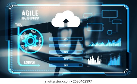 Agile development interface with gear, graphs, and cloud icons on a blurred background. Concept of software, technology, and strategy