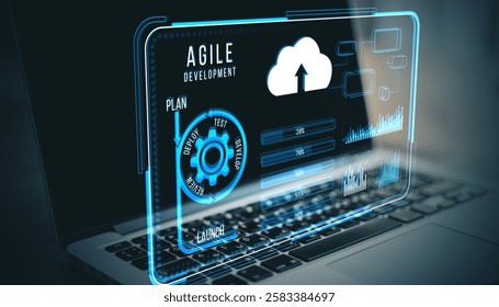 Agile development interface with holographic screen on laptop, showing cloud data, diagrams, and progress bars. Concept of software tools