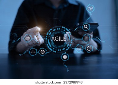Agile development methodology concept. Business hand using smartphone and tablet with virtual screen agile icon on modern office digital technology concept. - Shutterstock ID 2372989943