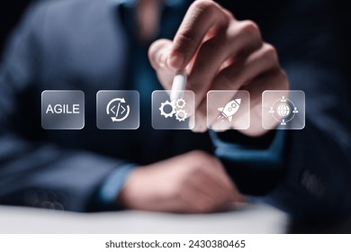 Agile development methodology concept, iterative methods. reducing step by step work and focusing on team. Businessman touching Agile software development principle on virtual screen.