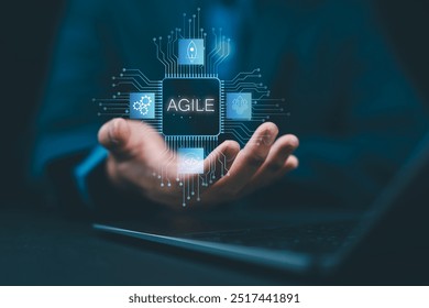 Agile development methodology concept. Iterative methods. reducing step by step work and focusing on team. Businessman with Agile icon on virtual screen.