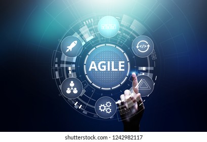 Agile Development Methodology Concept On Virtual Screen. Technology Concept.