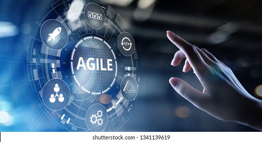 Agile development methodology concept on virtual screen. Technology concept. - Shutterstock ID 1341139619