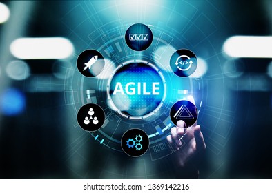 Agile development methodology concept on virtual screen. Technology concept. - Shutterstock ID 1369142216
