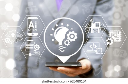 Agile Development Software Coding Business Web Computer Agility Nimble Fast Start Up Concept. Quick Engineering Service Flexible Develop Technology. Developer Offers Smartphone With Bulb Gears Icon.