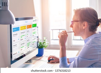 Agile Framework Board For Lean Product Development With Scrum Or Kanban Methodology, Project Management With Iterative Or Incremental Strategy, Young Woman Working With Computer